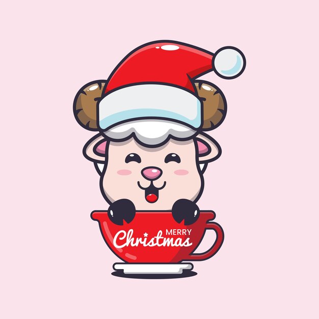 カップにサンタの帽子をかぶったかわいい羊。かわいいクリスマス漫画イラスト。