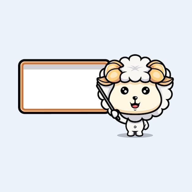 Cute sheep with blank whiteboard cartoon icon character chibi animal mascot illustration vector