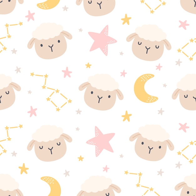 Cute sheep with moon and stars seamless pattern background