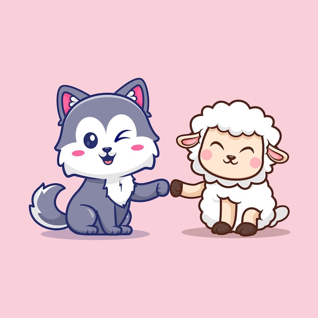 Cute sheep and wolf high five cartoon vector icon illustration animal nature isolated flat vector