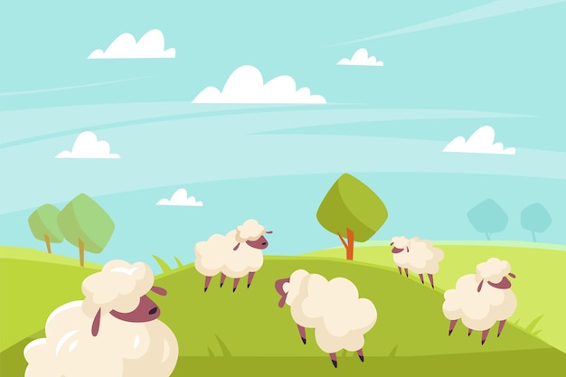 Симпатичные овцы пасутся зеленые луга и голубое небо в сельской местности летом солнечный пейзаж сельскохозяйственные животные на открытом воздухе симпатичные пушистые овцы на фоне природы сельская сцена векторный мультфильм плоская изолированная концепция