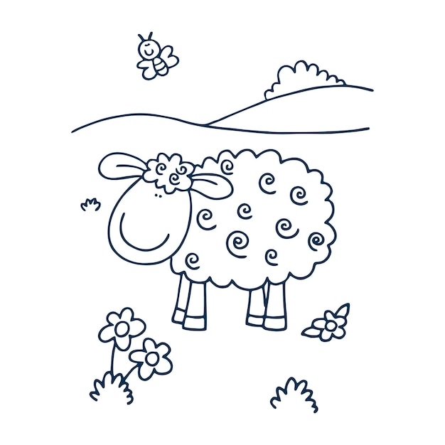 Cute sheeps line art doodle vector illustration