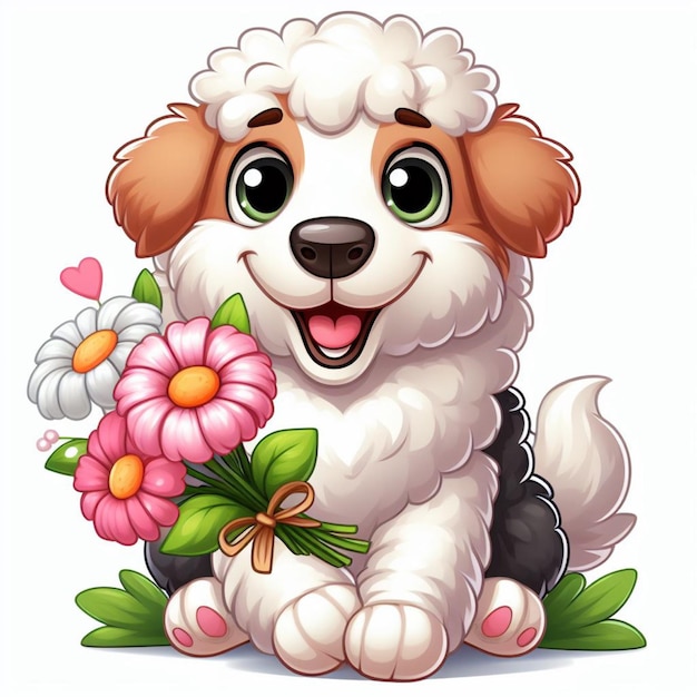 Vector cute shepherd dog and flowers vector cartoon illustration