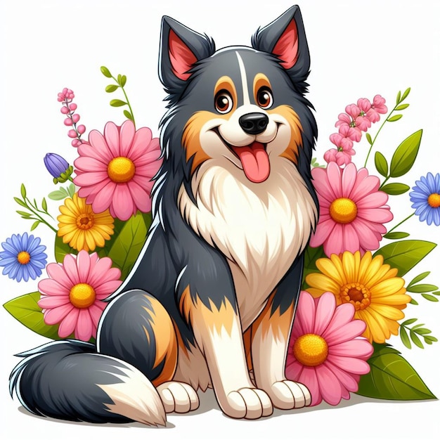 Vettore cucciolo di pastore e fiori vector illustrazione di cartoni animati