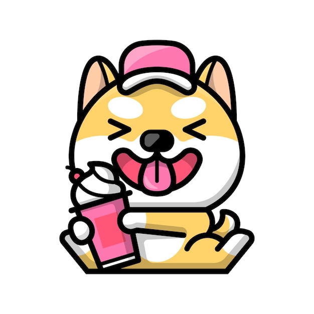 Cute shiba dog is holding a cup of ice cream cartoon illustration