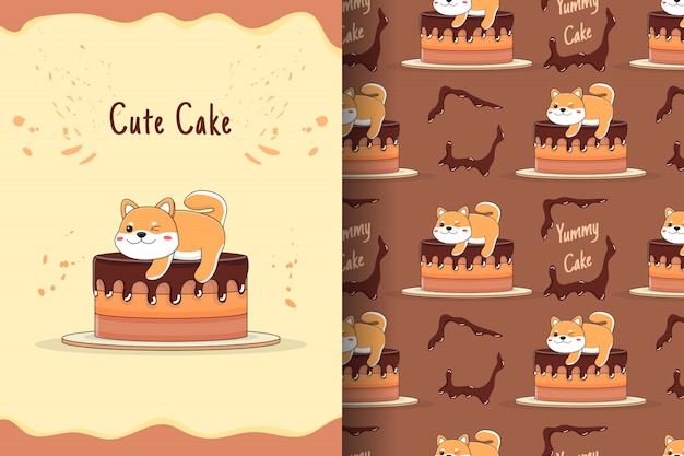 かわいい柴犬のケーキのシームレスなパターンとカード