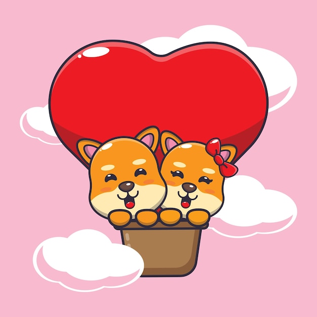 Cute shiba inu dog cartoon character fly with air balloon in valentines day.