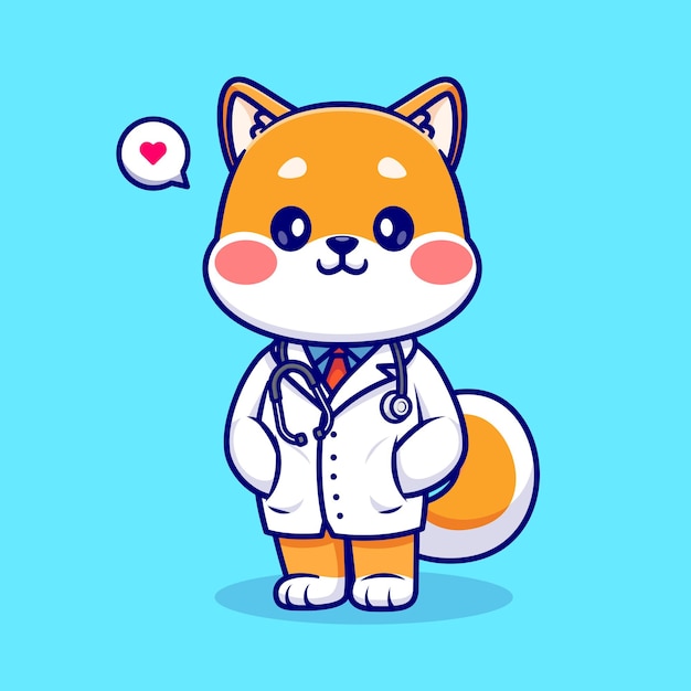 Vector cute shiba inu dog doctor with stethoscope cartoon vector icon illustration. animal health isolated