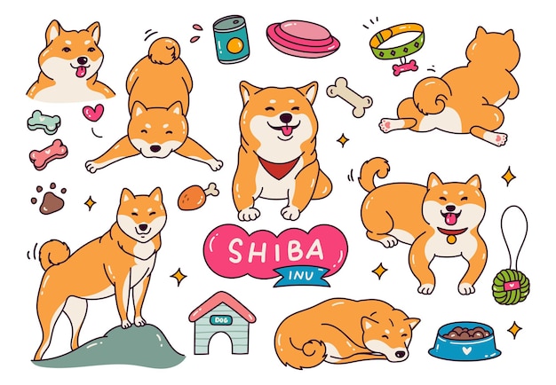 Cane sveglio di shiba inu nell'illustrazione di stile di doodle