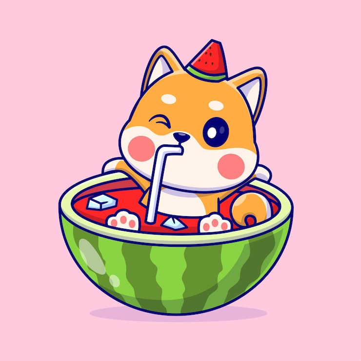वेक्टर cute shiba inu dog drink watermelon juice cartoon vector icon illustration animal fruit isolated