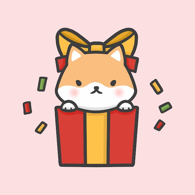 Cane sveglio di inu di shiba nel natale di sorpresa del contenitore di regalo disegnato a mano