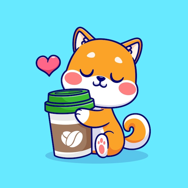 Cute Shiba Inu Dog Hug Coffee Cup Cartoon Vector Icon Illustration. Animal Drink Icon Isolated Flat