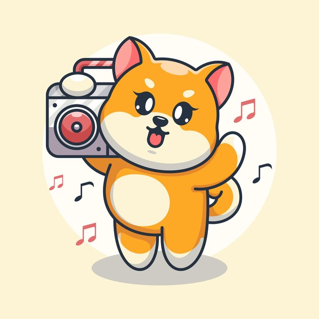 Musica d'ascolto del cane sveglio di shiba inu con il fumetto del boombox