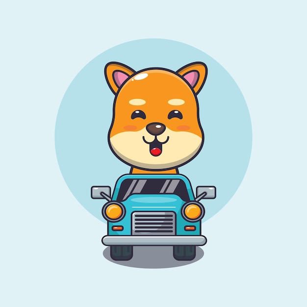 Vector cute shiba inu dog mascot cartoon character ride on car