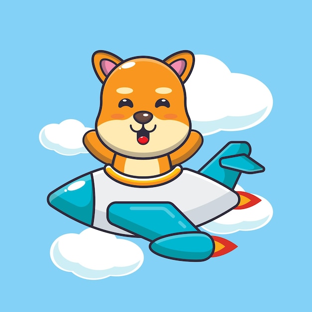 Vector cute shiba inu dog mascot cartoon character ride on plane jet