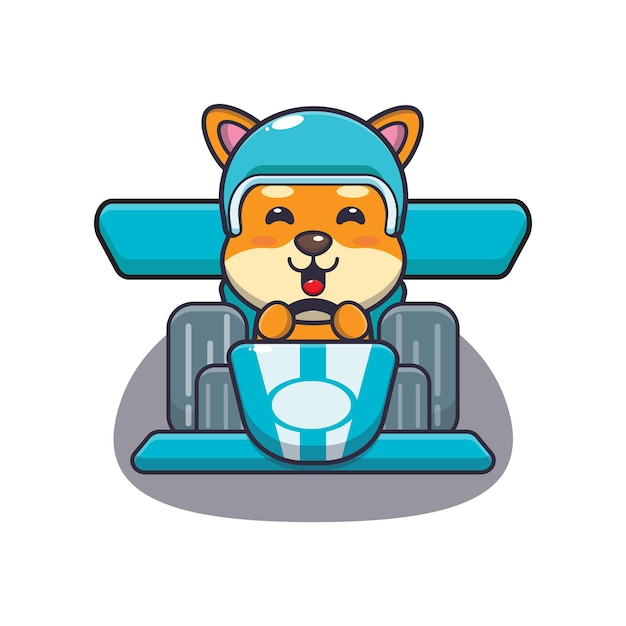 Vector cute shiba inu dog mascot cartoon character riding race car