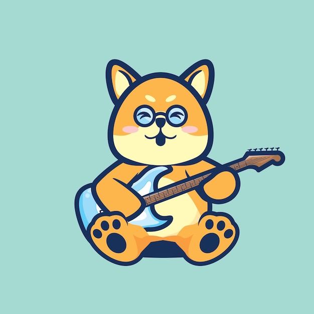 Cute Shiba inu dog playing electric guitar cartoon flat minimalism vector illustration