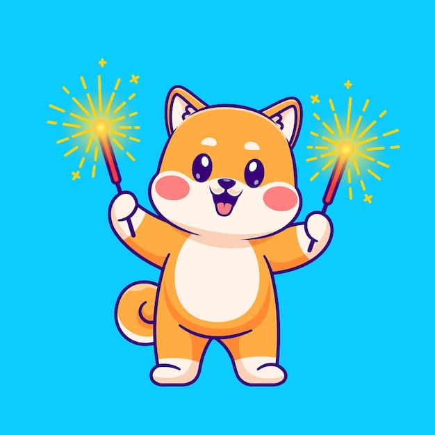 Cute Shiba Inu Dog Playing Fireworks Cartoon Vector Icon Illustration. Animal Holiday Isolated Flat