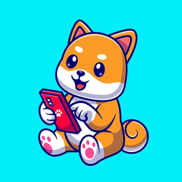 Simpatico cane shiba inu che gioca telefono icona vettore del fumetto. concetto di icona di tecnologia animale isolato vettore premium. stile cartone animato piatto