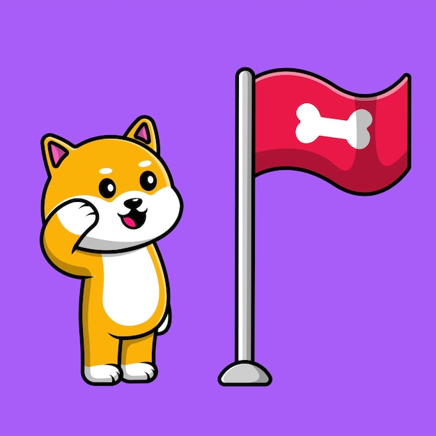 Vector cute shiba inu dog respect bone flag cartoon vector icon illustration