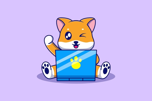 Simpatico cane shiba inu utilizzando il vettore del computer portatile