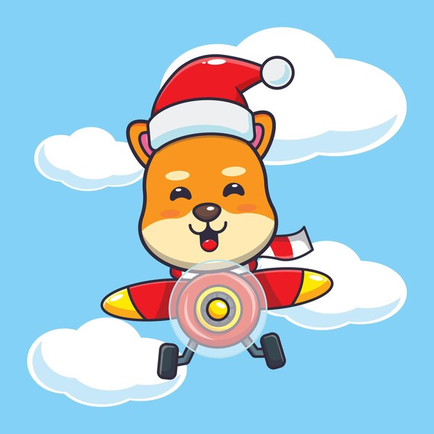 Simpatico cane shiba inu con cappello da babbo natale che vola con l'aereo. illustrazione sveglia del fumetto di natale.