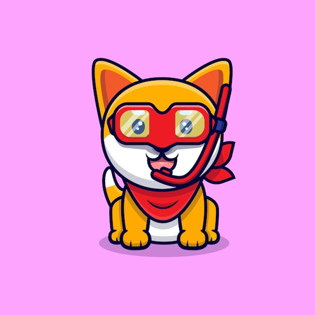 Cute shiba inu dog wearing swimming goggles cartoon icon illustration