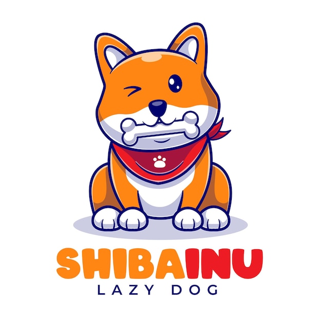 귀여운 Shiba Inu 먹는 뼈 마스코트 만화 로고 템플릿