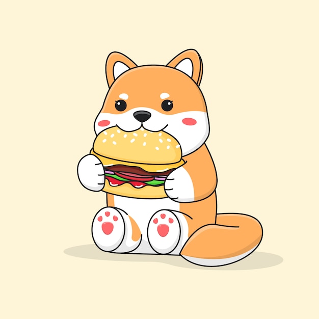 Cute shiba inu eating burger