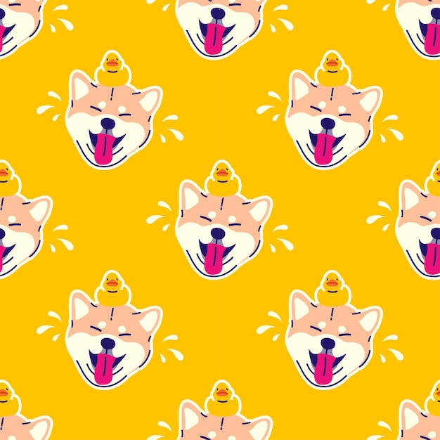 Cute shiba inu head with a rubber duck seamless pattern