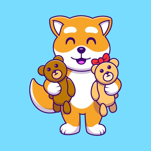 Cute shiba inu holding dolls cartoon icone vettoriali illustrazione flat cartoon concept