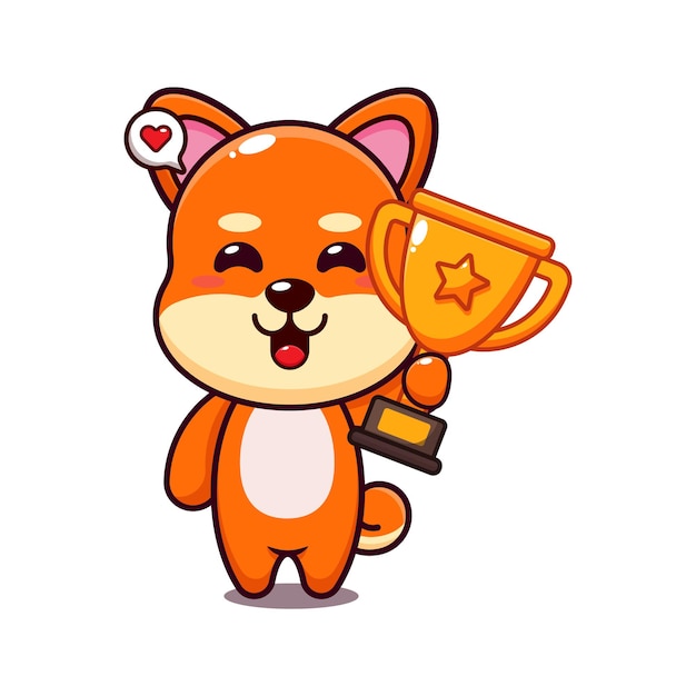 cute shiba inu holding gold trophy cup cartoon vector illustration