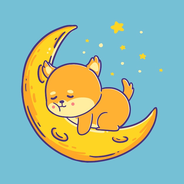 Cane giapponese sveglio di shiba inu che dorme all'illustrazione della luna.