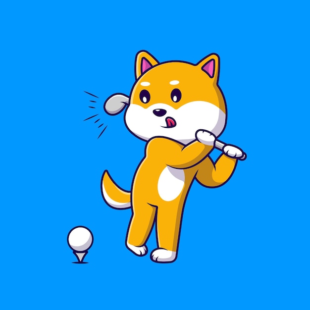 Illustrazione sveglia delle icone di vettore del fumetto di shiba inu che gioca a golf