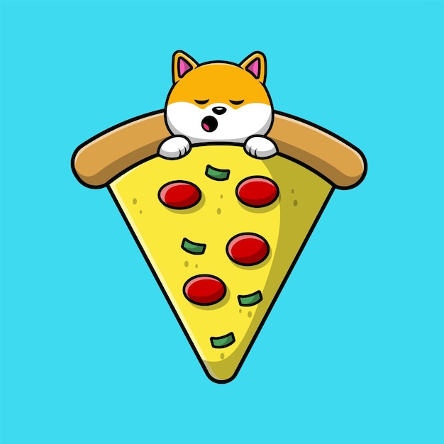 Vettore simpatico shiba inu che dorme sulla pizza cartoon icona vettore illustrazione