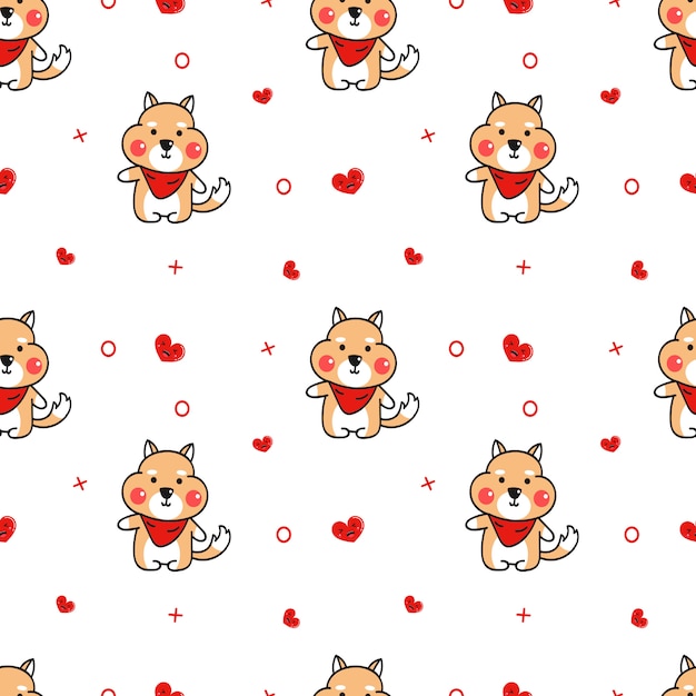 Simpatico shiba inu e sorriso cuore seamless pattern vettoriale.