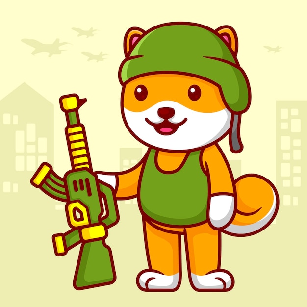 Cute Shiba Inu Soldier Holding Weapon in Cartoon Animal Vector Illustration Flat Style Concept