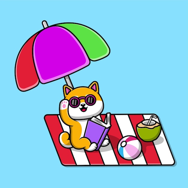 Cute shiba inu summer vacation cartoon vector icon illustration