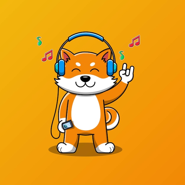 헤드폰 벡터 일러스트 레이 션을 입고 귀여운 Shiba inu