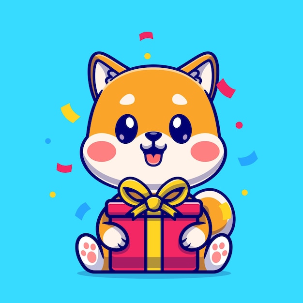 Cute shiba inu with gift box cartoon vector icon illustration. animal nature icon concept isolated premium vector. flat cartoon style