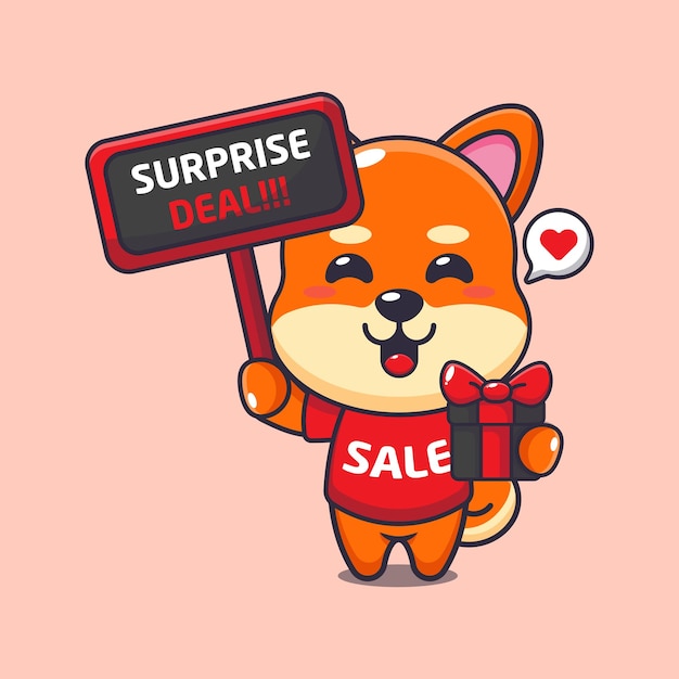 cute shiba inu with promotion sign and gift box in black friday sale cartoon vector illustration