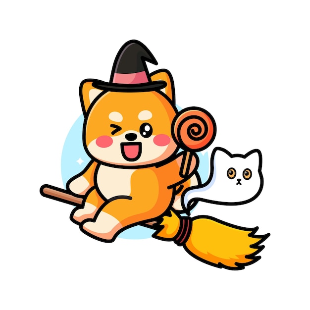 cute shiba with broom