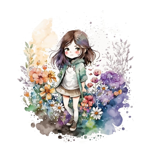 Vector cute shibi girl with flowers