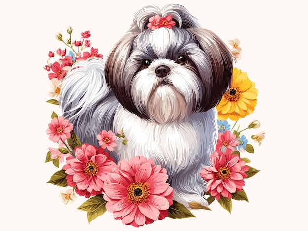 Vettore cute shih tzu cane e girasoli cartone animato vector style sfondo bianco