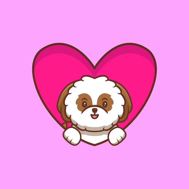 Cute Shih-tzu Puppy  Popup  From Heart and Waving Paws Cartoon Icon Illustration