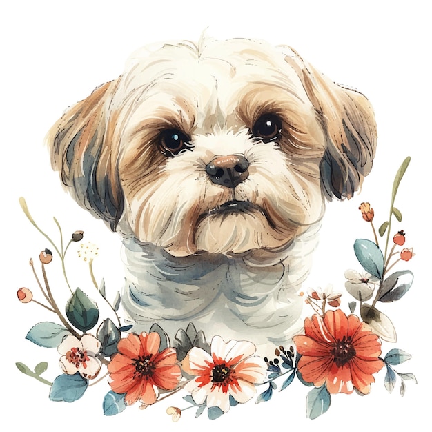 Vector cute shih tzu with flower wreath vector illustration in watercolour style