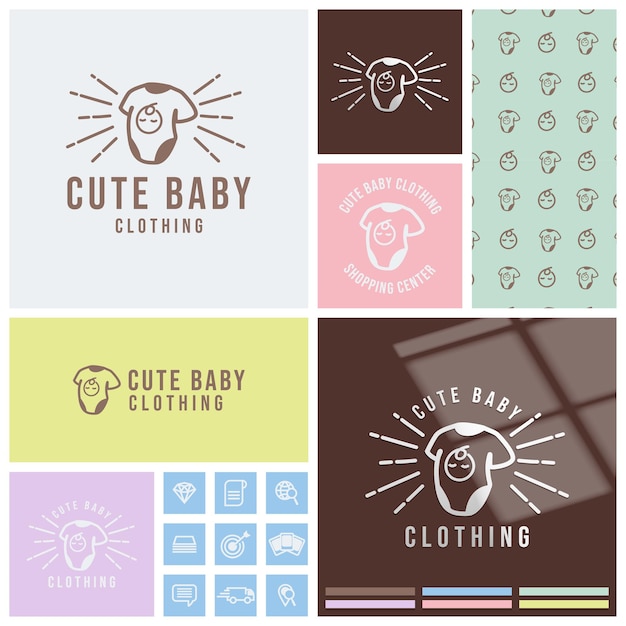 Vector cute shirt baby logo clothing with seamless pattern set