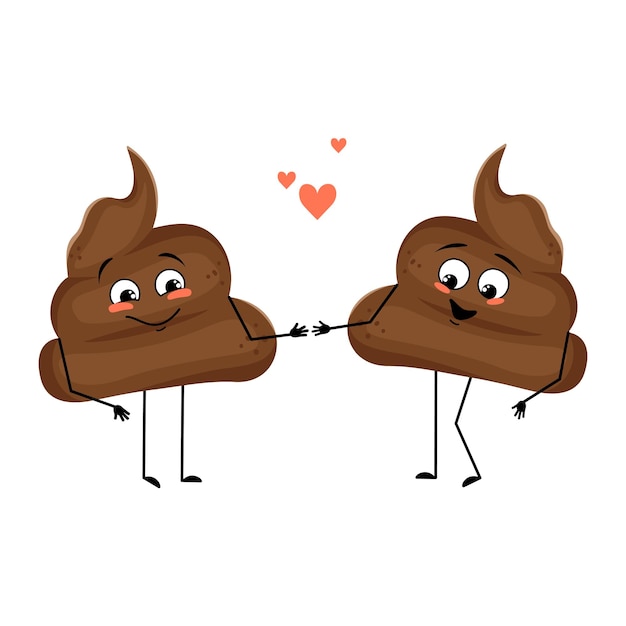 Cute shit character with love emotions, smile face, arms and legs. The funny or happy heroes with hearts, turd fall in love. Vector flat illustration