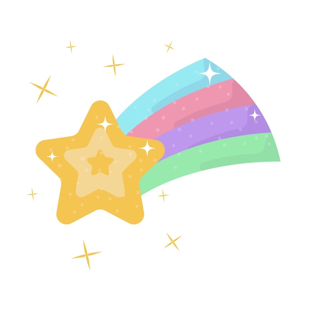 Cute shooting star with a rainbow tail kawaii cartoon character isolated on a white background vec