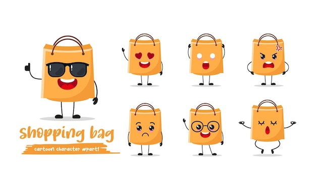 귀여운 쇼핑백 만화는 다양한 표정의 선글라스를 착용합니다. 종이 가방 다양한 활동 포즈